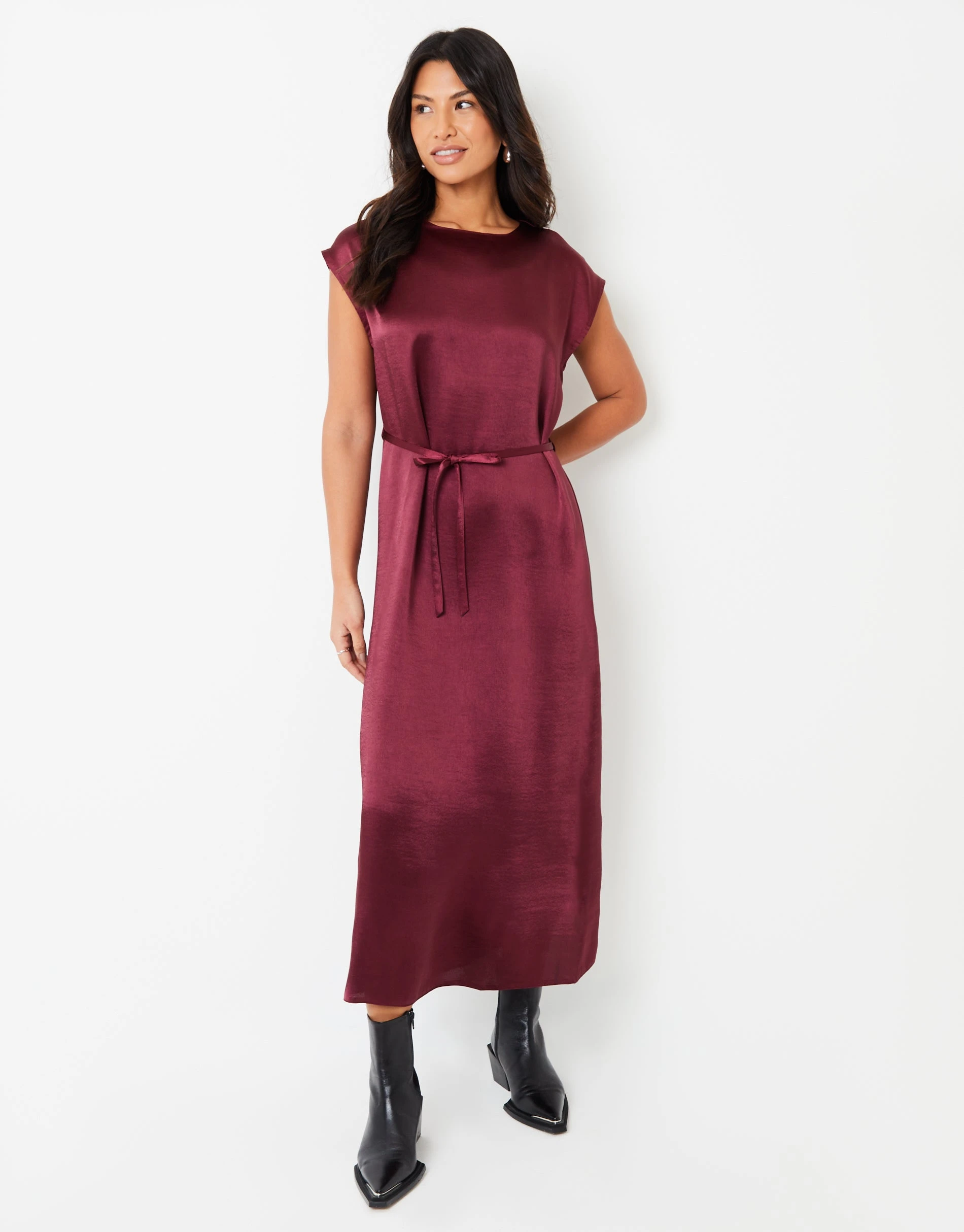 Women's Burgundy Belted Satin Column Maxi Dress