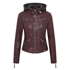 Womens Burgundy Biker Leather Classic Hooded Jacket