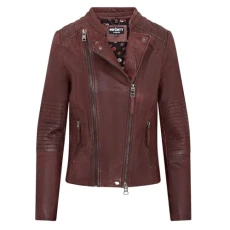 Womens Burgundy Classic Quilted Biker Leather Jacket