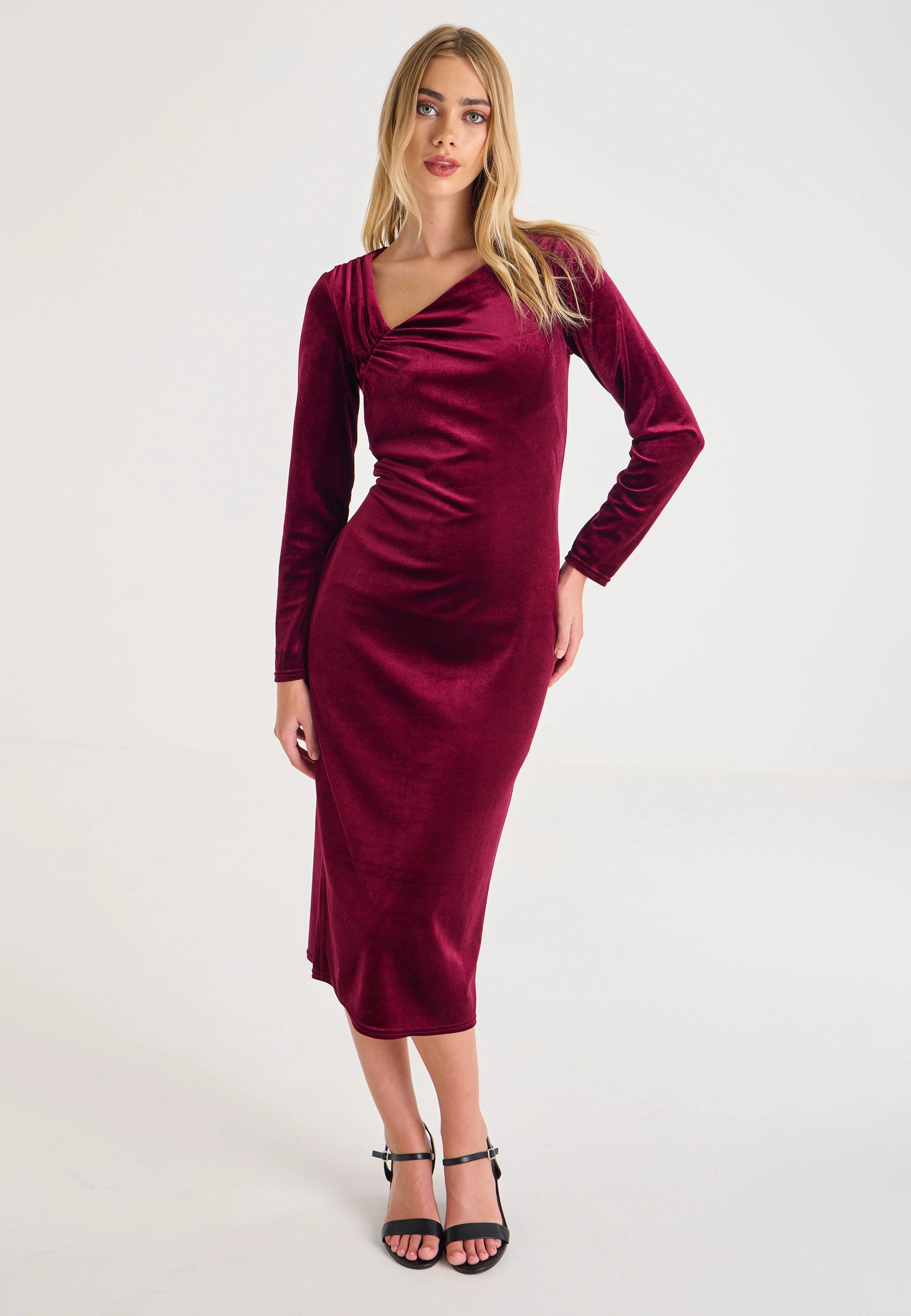 Womens Burgundy Velvet Asymmetrical Dress