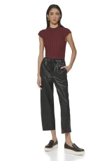 Women's Butter Pu Wide Leg Trousers Casual Pants, Black, L