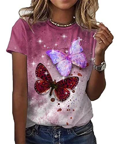 Women's Butterfly Graphic Printed Short Sleeve T Shirt Casual Summer Crewneck Printed Loose Tees Tops