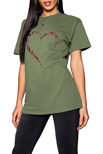 Womens Butterfly Heart Printed Boyfriend Gym Work Casual Short Sleeve Basic T Shirt Top Khaki Large (UK 12)