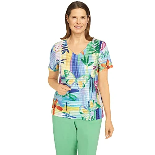 Women's Butterfly Leaf V-Neck Top, Multi, S