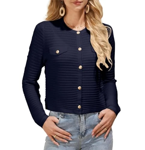 Women's Button Cardigan Long Sleeve Crew Neck Knitwear Summer Sweater Cardigans Navy Blue L