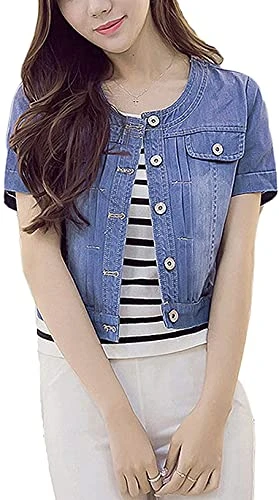 Women's Button Down Collarless Denim Jacket Short Sleeve Crop Top Jean Coat (10, Darkblue)