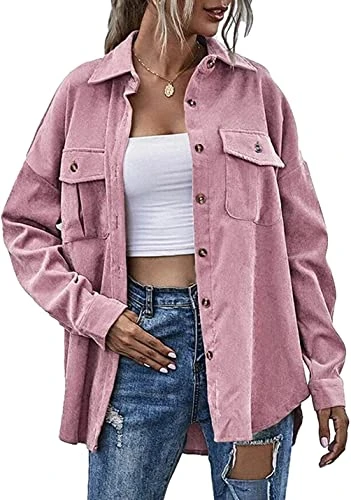 Women's Button Down Corduroy Shirt Jacket Long Sleeve Shacket Boyfriend Blouses Top (14, Pink)