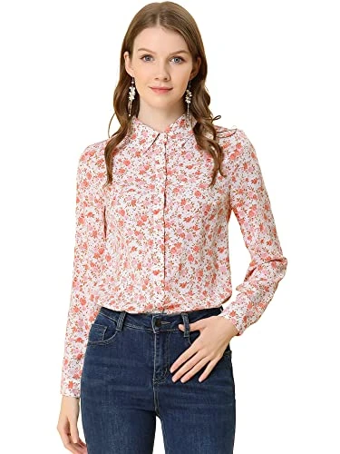 Women's Button Down Floral Shirt Blouse Long Sleeve Point Collar Top White-Pink Floral S-8