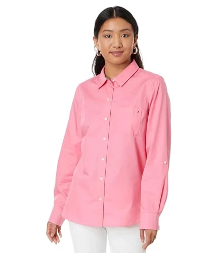 Women's Button Down Long Sleeve Collared Shirt with Chest Pocket, Peony, XL