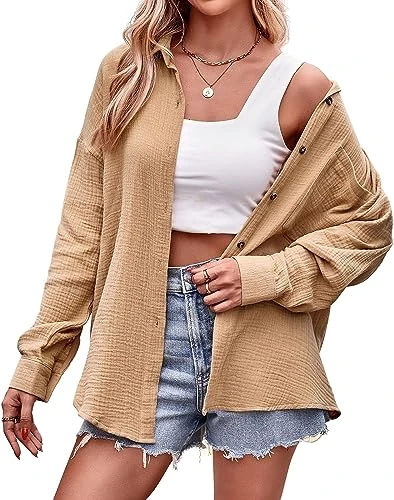 Women's Button Down Long Sleeve Shirts Casual Collared Shirt Apricot
