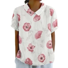 Women's Button Down Oversized Linen Shirts Floral Graphic Lapel Crewneck Tops 2024 Trendy Summer Casual Loose Blouses Womens Oversized Cotton Linen Shirts Pink M