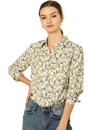 Women's Button Down Shirt Long Sleeve Point Collar Floral Blouse, Beige, 3XL