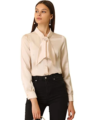 Women's Button Down Shirts Tie Neck Satin Blouse Business Casual Tops Champagne M-12