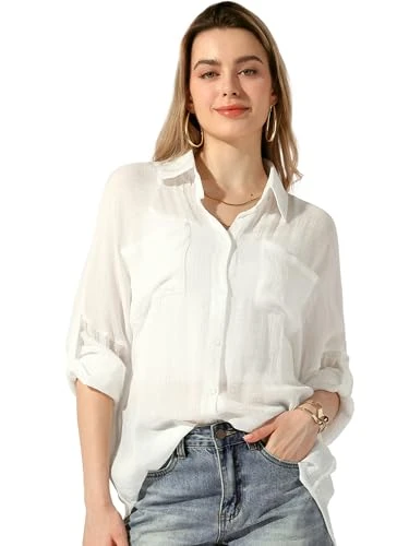 Women's Button Down Top Long Sleeve Casual Blouses Tops with Pockets, White, M