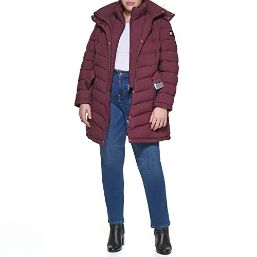 Women's Button Front Long Puffer Selt Close Belt Hooded Jacket Down Alternative Coat, Aubergine, 1X