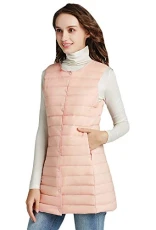 Women's Button Up Quilted Mid-Long Down Vest Waistcoat Pink 10