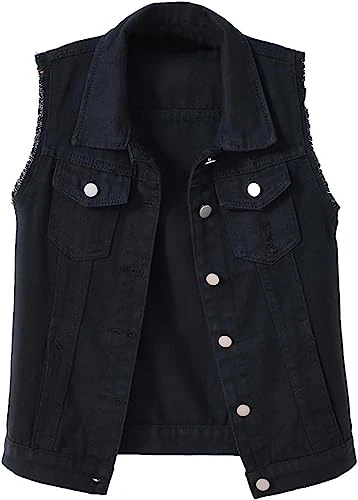 Women's Button Up Sleeveless Distressed Jean Denim Vest Jacket Waistcoat