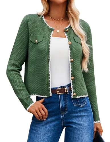 Women's Button Work Cardigan Long Sleeve Crew Neck Contrast Color Knitwear Summer Autumn Sweater Cardigans Dark Green S
