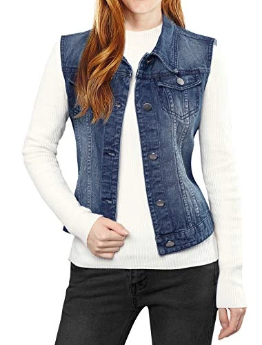 Women's Buttoned Washed Denim Vest Jacket W Chest Flap Pockets Dark Blue L