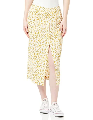 Women's Buttons Through Split MIDI Skirt, Floral AOP Bright White/Yellow, S