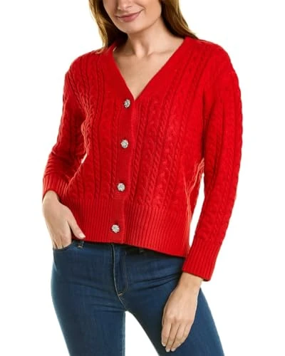 Women's Cable Cardigan W Jewel Buttons, Cherry Oasis, XXS