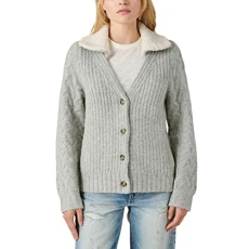 Women's Cable Collared Cardigan Sweater, Light Heather Grey, L Women's Cable Collared Cardigan Sweater, Light Heather Grey, L