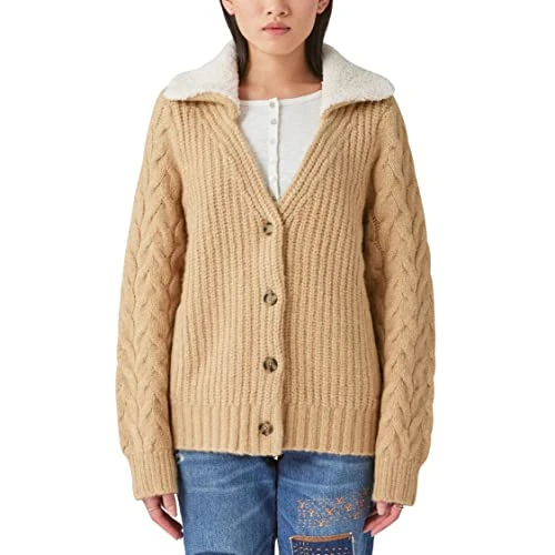 Women's Cable Collared Knit Cardigan Sweater, Light Camel, L