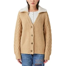 Women's Cable Collared Knit Cardigan Sweater, Light Camel, L