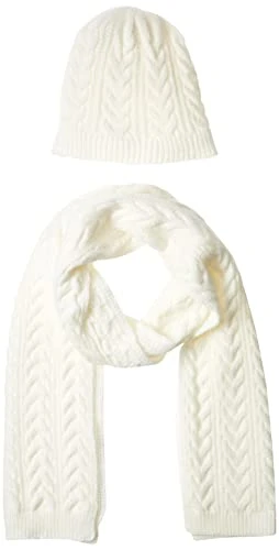 Women's Cable Knit Hat and Scarf Set, Snow White, One Size