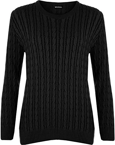 Women's Cable Knit Long Sleeve Top Ladies Jumper Sweater - Black - 16-18