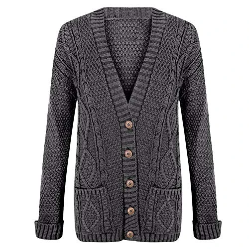 Womens Cable Knitted Button Cardigan Long Sleeve Ladies Boyfriend Top Sizes 8-22 Charcoal