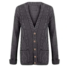 Womens Cable Knitted Button Cardigan Long Sleeve Ladies Boyfriend Top Sizes 8-22 Charcoal