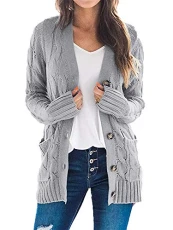Women's Cable Knitted Cardigan Coat Button Down Long Sleeve Ladies Chunky Sweater Jackets Outwear Tops M Grey Acrylic 2