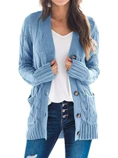 Women's Cable Knitted Cardigan Coat Button Down Long Sleeve Ladies Chunky Sweater Jackets Outwear Tops S Blue