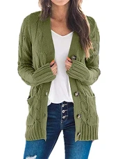 Women's Cable Knitted Cardigan Coat Button Down Long Sleeve Ladies Chunky Sweater Jackets Outwear Tops S Army Green Acrylic 3