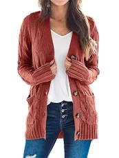 Women's Cable Knitted Cardigan Coat Button Down Long Sleeve Ladies Chunky Sweater Jackets Outwear Tops S Red Acrylic 4