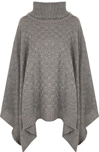 Women's Cable Knitted Drape Cowl Neck Waterfall Cape Shawl Top Ladies Poncho - Grey - One Size