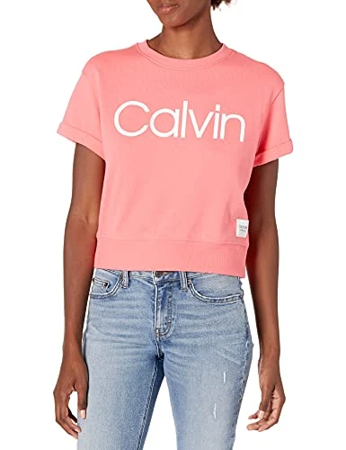 Women's Calvin Logo Short Sleeve Crew Neck Pullover Sweatshirt, Energy, Large