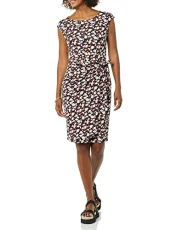 Women's Cap-Sleeved Faux Wrap Dress with Bateau Neck, Multicolour Floral, XS