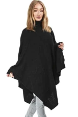 Womens Cape Shawls Grid Knitted Wrap Polo Cowl Turtle Neck Poncho Jumper Poncho Black Plus Size (UK 16/18)