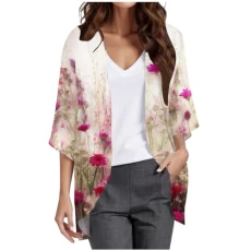 Women's Cardigan Floral Printed Outerwear Tops Casual Cropped Chiffon Stripe Cardigan Top Lightweight Long Sleeve Ladies Open Front Waterfall Cardigans Sweater(A1 Pink,XXL)