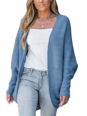 Women's Cardigan Long Batwing Sleeve Open Front Soft Knit Jumper Elegant Outwear Coat Sweater Blue M