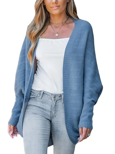 Women's Cardigan Long Batwing Sleeve Open Front Soft Knit Jumper Elegant Outwear Coat Sweater Blue M