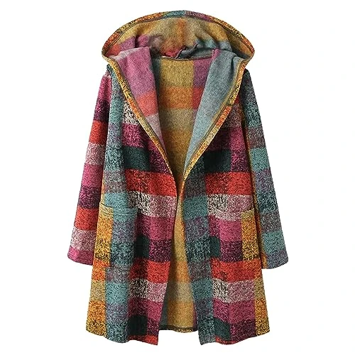 Women's Cardigan Long with Hood Women's Casual Plaid Long Sleeve Zip Hooded Coat Pocket Cardigan Loose Tops Turtleneck Pullover Women Red, purple, M