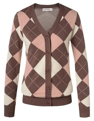 Womens Cardigan Sweater Fall Long Sleeve Argyle Sweater V Neck Button Up Cardigan Color Block Preppy Clothes, Pink Coffee, M