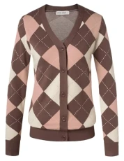 Womens Cardigan Sweater Fall Long Sleeve Argyle Sweater V Neck Button Up Cardigan Color Block Preppy Clothes, Pink Coffee, M