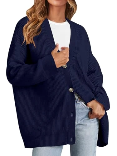 Women's Cardigan Sweaters 2023 Fall Open Front Oversized Button V Neck Loose Soft Knit Outwear, Navy, XL