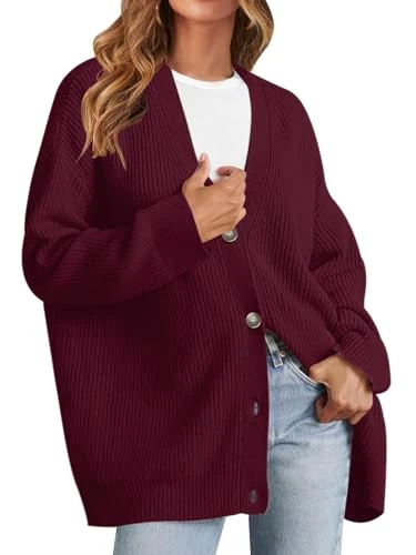 Women's Cardigan Sweaters 2024 Fall Open Front Oversized Button V Neck Loose Soft Knit Outwear, Burgundy, L