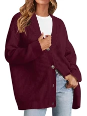 Women's Cardigan Sweaters 2024 Fall Open Front Oversized Button V Neck Loose Soft Knit Outwear, Burgundy, L