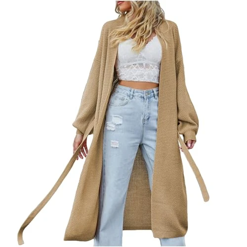 Women's Cardigans 2024 Fall Casual Waffle Knit Batwing Long Sleeve Sweater Coat Ladies Loose Solid Color Longline Open Front With Belt Comfy Long Coats UK Sales